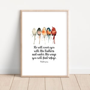 He Will Cover you with His Feathers Watercolour Scripture Birds Christian Bible Verse Poster Print, Home Decor, Wall Art Printable