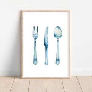Hamptons Watercolour Cutlery Knife Fork Spoon Kitchen Print - Home Decor, Prints, Wall Art, Printable Download