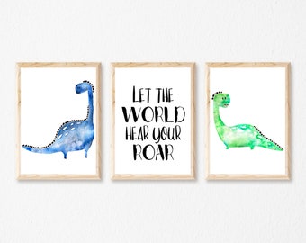 Set of 3 Let the World Hear you Roar Dinosaur Dino Prints, Boys Wall Art Nursery Kids Prints