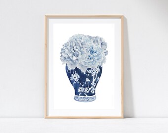 Hamptons Floral Blue Ginger Jar Vase with Hydrangeas Flowers Print, Home Decor, Wall Art, Kitchen Laundry Poster Prints