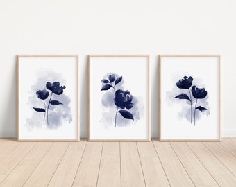 Hamptons Navy Aquarell Blumen, Küsten Bauernhaus, Wand Kunst Poster Dekor, Set von 3 druckbare Download