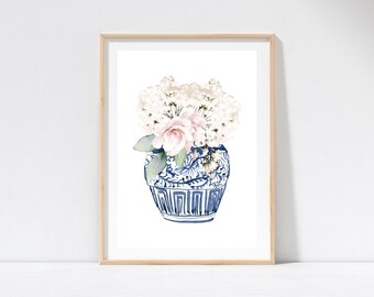 Hamptons Floral Blue Ginger Jar Vase with Flowers Print, Home Decor, Wall Art, Kitchen Laundry Poster Prints