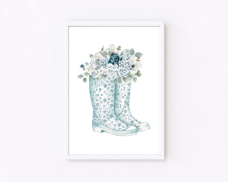 Hamptons Floral Blue Flower Gum Boots Gardening Print, Home Decor, Wall Art, Kitchen Laundry Poster Prints image 3