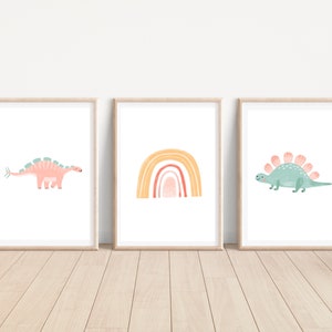 Set of 3 Dinosaur Dino Rainbow Poster Prints, Girls Dino Wall Decor, Nursery Kids Prints