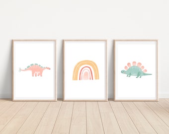 Set of 3 Dinosaur Dino Rainbow Poster Prints, Dino Wall Decor, Stegosaurus, Nursery Kids Prints, Printable Download,