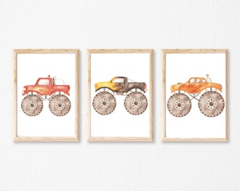 Set of 3 Monster Trucks Prints, Boys Wall Art Nursery Kids Decor