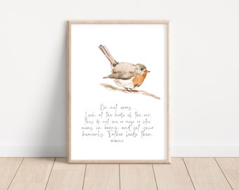 "Sorg dich nicht um die Vögel Matthäus 6 Print, ""Waldschrift"" Christian Bibel Wand Kunst Poster Print, Home Decor zum ausdrucken."