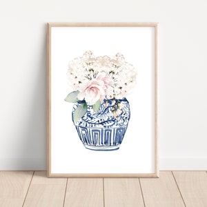 Hamptons Floral Blue Ginger Jar Vase mit Blumen Print, Dekoration, Wandkunst, Küche Wäsche Poster Print, printable Download