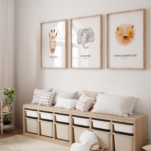 Set of 3 Safari Zoo Animal Prints, Lion, Giraffe Elephant Scripture Christian Wall Art, Nursery Kids Scandi Decor Posters Printable
