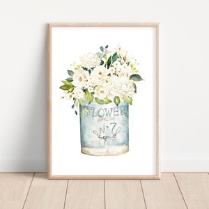 Hamptons Floral Watercolour Flowers White Roses Print, Home Decor, Wall Art, Kitchen Laundry Poster, Printable Download