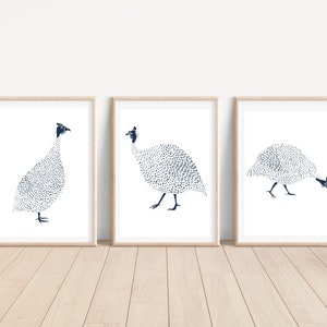 Set of 3 Hamptons Navy Guinea Fowl Bird Prints, Home Decor, Laundry Kitchen Wall Art, Poster Prints, Printable Download Set