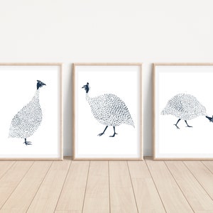 Set of 3 Hamptons Navy Guinea Fowl Bird Prints, Home Decor, Laundry Kitchen Wall Art, Poster Prints