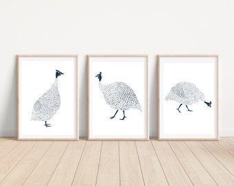 Set of 3 Hamptons Navy Guinea Fowl Bird Prints, Home Decor, Laundry Kitchen Wall Art, Poster Prints, Printable Download Set