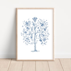 Hamptons Blue Tree Floral Flowers Print, Home Decor, Wall Art, Kitchen Laundry Poster Printable