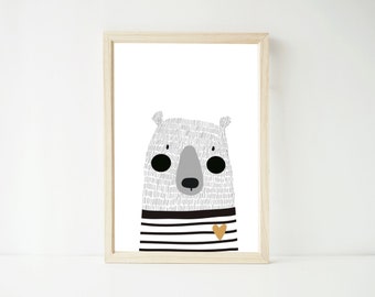 Woodland Bear Print, Kids Wall Art, Boho Scandi Wall Art Nursery Kids Decor