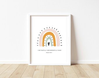 Christian Poster Print Fearfully Wonderfully Made Rainbow Scripture Christian Bible Wall Art Print Nursery Poster Kids Printable