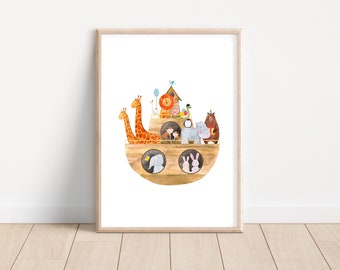 Noah’s Ark Animals Scripture Christian Bible Wall Art Print - Nursery Watercolour Woodland Boho Kids Decor, Printable Download