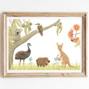 Aquarelle animaux australiens kookaburra kangourou émeu koala zoo impression, impression d&#39;art mural, décoration scandinave chambre d&#39;enfants bohème, téléchargement imprimable