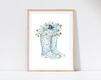 Hamptons Floral Blue Flower Gum Boots Gardening Print, Home Decor, Wall Art, Kitchen Laundry Poster Prints