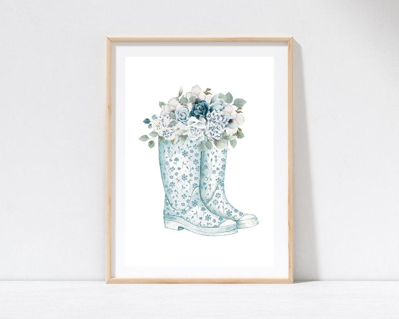 Hamptons Floral Blue Flower Gum Boots Gardening Print, Home Decor, Wall Art, Kitchen Laundry Poster Prints image 1