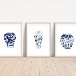 Hamptons Provincial Navy Blue Ginger Jar Vase Prints, Wohnkultur, Wand Kunst Poster, Antik, Printable Download 3er-Set