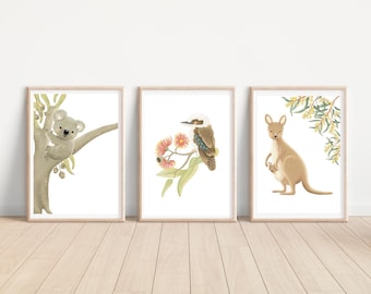 3er Set Australische Tiere Koala Kookaburra Känguru Aquarell Drucke, Tier Wand Kunst Kinderzimmer Kinder, Poster Prints