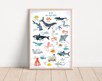 A-Z Sea Creature Fish Nautical Shark Whale Poster Print, Imprimible, Kids Animal Nursery Wall Art Gallery Art, Descarga digital