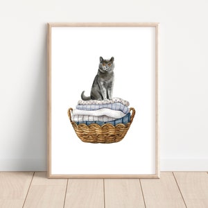 Cat Posters 4 Breeds included Print Cat on a Laundry Hamptons Basket, Home Bathroom Print Poster Wall Art, Printable Download