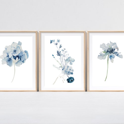 Blue Floral Prints Floral Watercolor Print Set of 3 Blue Etsy