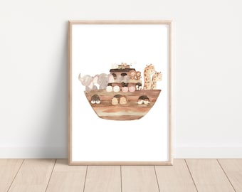 May include: A watercolor illustration of Noah's Ark with various animals, including giraffes, elephants, and sheep, all looking out from the ark. The ark is brown and wooden with a white background.