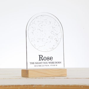 Carte des étoiles avec support en bois - carte des étoiles personnalisée par date - carte des étoiles sur plaque acrylique - coordonnées personnalisées - ciel nocturne personnalisé