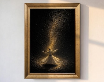 Whirling Dervish Wall Art, Sufi Canvas Print, Islamic Spiritual Decor, Black and Gold Wall Art, Prayer Room Decor Gift, Islamic Canvas Decor