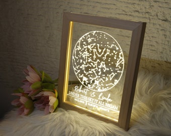 Star Map Night Light in Wooden Frame - Personalized Constellation Map - Custom Night Sky - Stars on Wedding - Stars Chart Anniversary Gift