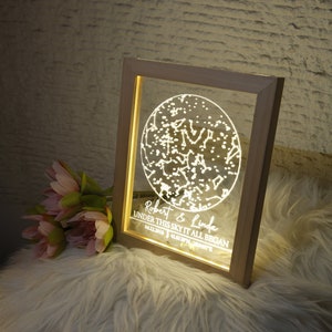 Luce notturna con mappa stellare in cornice di legno - Mappa delle costellazioni personalizzata - Cielo notturno personalizzato - Stelle al matrimonio - Regalo di anniversario con mappa delle stelle