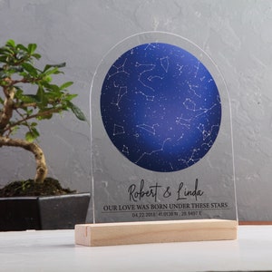Carte des étoiles avec support en bois - carte des étoiles personnalisée par date - carte des étoiles sur plaque acrylique - coordonnées personnalisées - ciel nocturne personnalisé