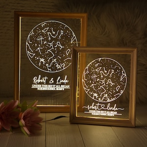 Luce notturna con mappa stellare in cornice di legno - Mappa delle costellazioni personalizzata - Cielo notturno personalizzato - Regalo di anniversario con mappa delle stelle - Regalo per lei/lui
