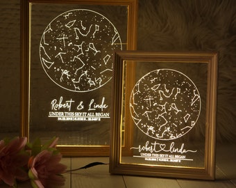 Star Map Night Light in Wooden Frame - Personalized Constellation Map - Custom Night Sky - Stars Chart Anniversary Gift - Gift for Her / Him