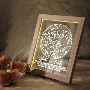 Luce notturna con mappa stellare in cornice di legno - Regalo di anniversario - Cielo notturno personalizzato - Regalo di anniversario con mappa delle stelle - Mappa delle costellazioni personalizzata