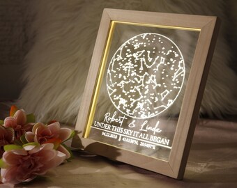 Star Map Night Light in Wooden Frame - Anniversary Gift - Custom Night Sky - Stars Chart Anniversary Gift - Personalized Constellation Map