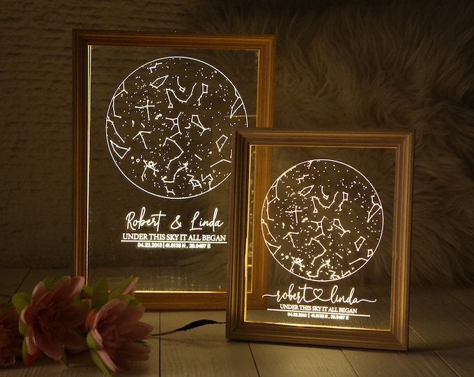 Star Map Night Light in Wooden Frame - Personalized Constellation Map - Custom Night Sky - Stars Chart Anniversary Gift - Gift for Her / Him