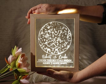 Star Map Night Light in Wooden Frame - Anniversary Gift - Wedding and Engagement Gift fdor Couples - Personalized Constellation Map