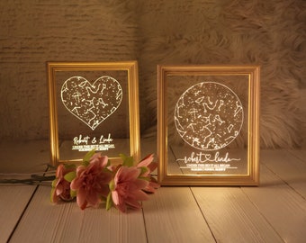 Star Map Night Light in Wooden Frame - Personalized Constellation Map - Custom Night Sky - Stars Chart Anniversary Gift - Gift for Her / Him