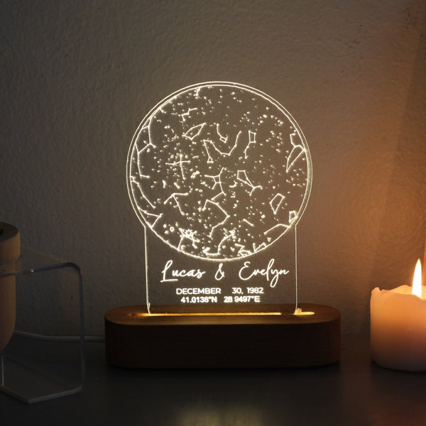 Carte des étoiles personnalisée - cadeau d'anniversaire - 1er anniversaire - carte céleste - veilleuse étoilée personnalisée ciel nocturne - lampe lune - acrylique