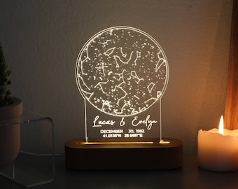 Carte des étoiles personnalisée - cadeau d'anniversaire - 1er anniversaire - carte céleste - veilleuse étoilée personnalisée ciel nocturne - lampe lune - acrylique