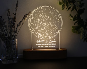 Mapa de estrellas en la luz nocturna - Mapa de constelación personalizado - Cielo nocturno personalizado - Estrellas en la boda - Regalo de aniversario del gráfico de estrellas - Celestial