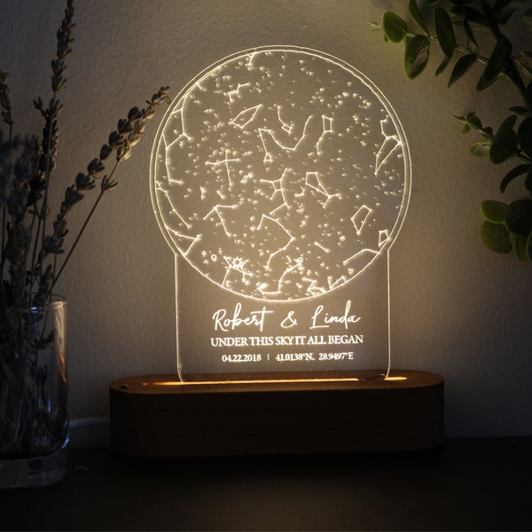 Star Map on Night Light - Personalized Constellation Map - Custom Night Sky - Stars on Wedding - Stars Chart Anniversary Gift - Celestial