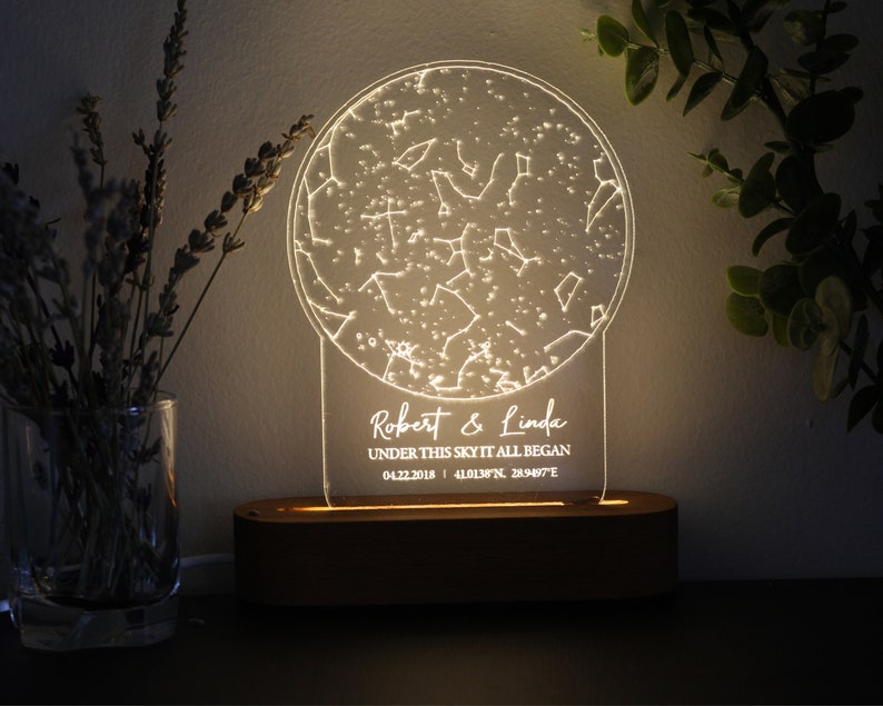 Star Map on Night Light - Personalized Constellation Map - Custom Night Sky - Stars on Wedding - Stars Chart Anniversary Gift - Celestial 
