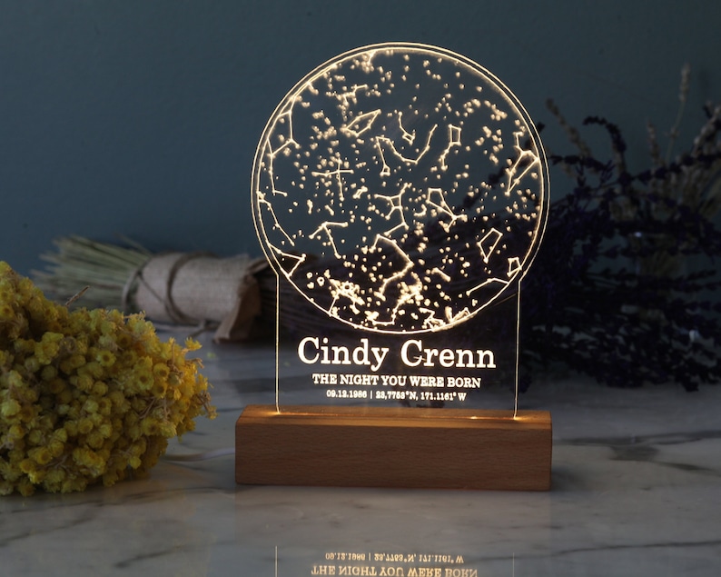 Star Map Night Lamp Personalized With Name, Date, and Star Map, Having the Words The Night You Were Born