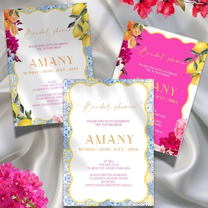 May include: Three bridal shower invitations with a yellow, blue and white tile pattern. The invitations feature a floral design with lemons and the text "Bridal Shower" and "Amany". The invitations also include the date and time of the shower, the location, and the RSVP information.