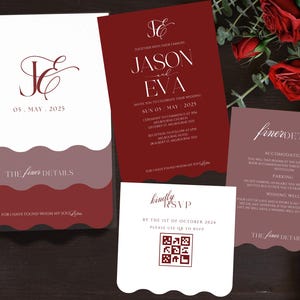 May include: A collection of wedding stationery in burgundy and white. Includes an invitation, RSVP card with a QR code, and cards with details. The invitation features the names Jason and Eva.